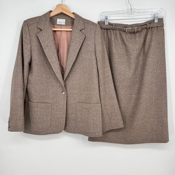 Vtg Nordstrom Weathervane Wool Skirt Suit Women Blazer 10 Skirt 12 Brown Tweed - Picture 1 of 10